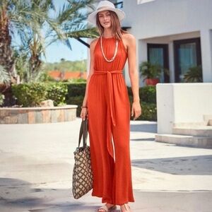 Sundance Sahara Jumpsuit Orange Halter Tie Waist Wide Leg Size XL NWT Boho